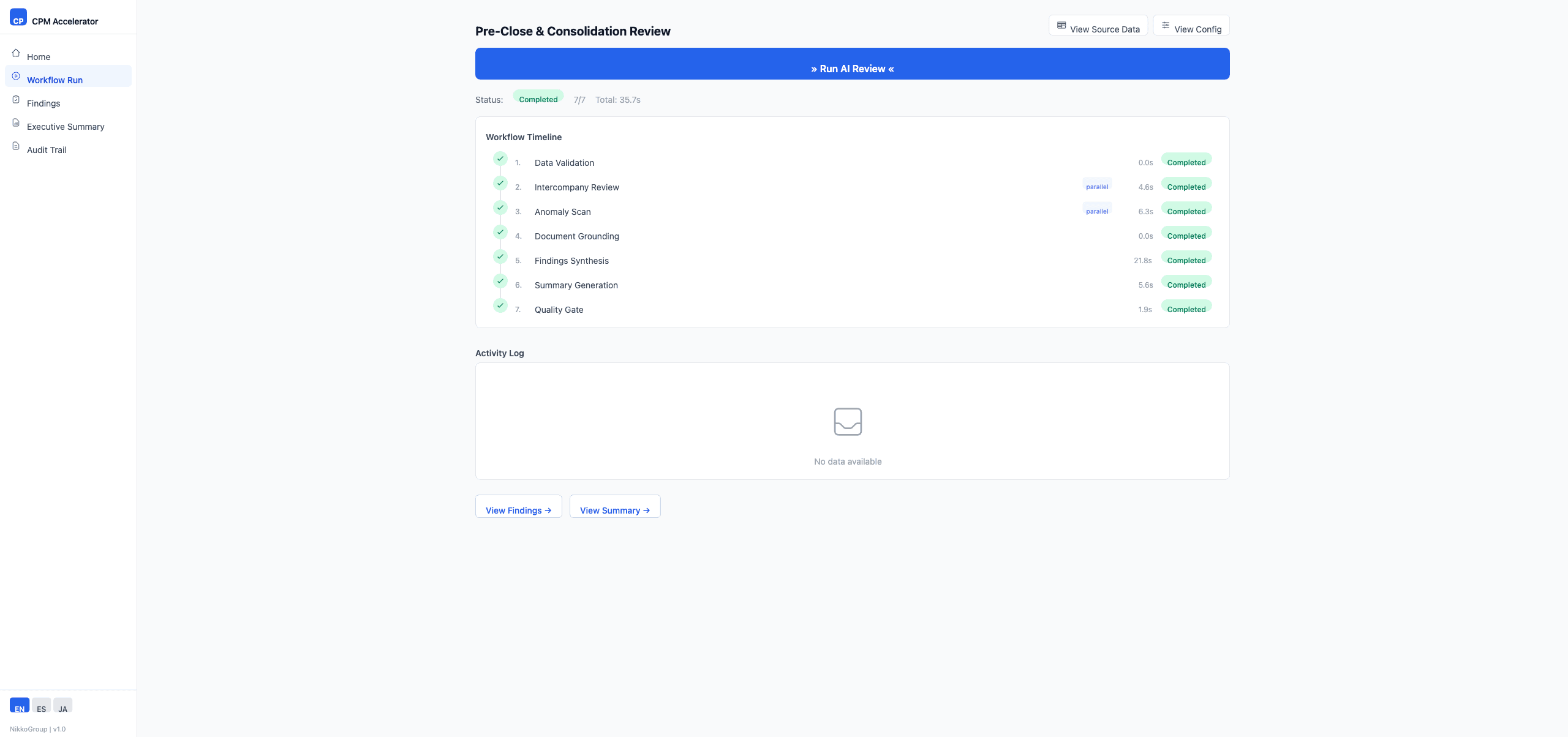 CPM Agent Accelerator — Workflow Run showing 7 AI agents completing consolidation review